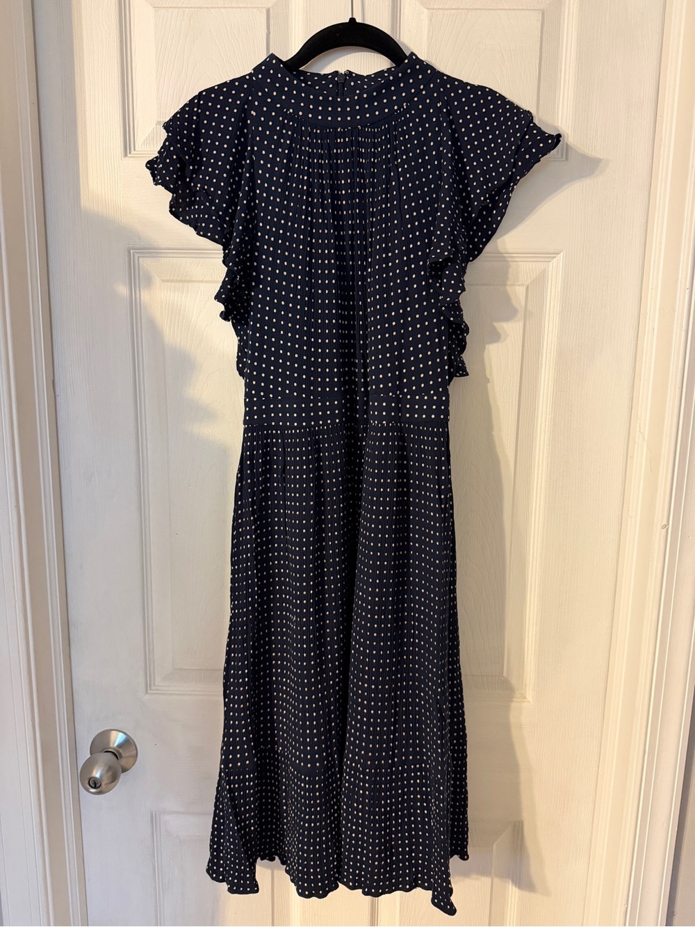 Chelsea28 Navy and White Polka Dot Midi Dress with Flutter Sleeves